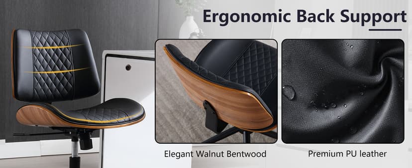 Home Office Chair No Arms with Wheels, Adjustable Height Small Desk Chair, PU Leather Mid Back 360 Swivel Computer Chair, Armless Modern Walnut Chair for Office, Reading Meeting Room(Black)