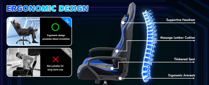 ECOTOUGE Gaming Chair, Ergonomic Video Game Chair with Massage Lumbar Support & Rocking High Back, 360° Swivel Computer Gamer Chair for Gaming or Office, Height Adjustable, Blue