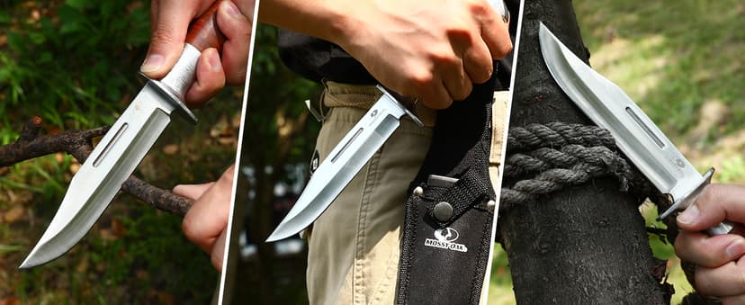 Mossy Oak Fixed Blade Bowie Knife, 2-piece Hunting Knife with Leather Handle Featuring Laser Pattern, Sheath Included