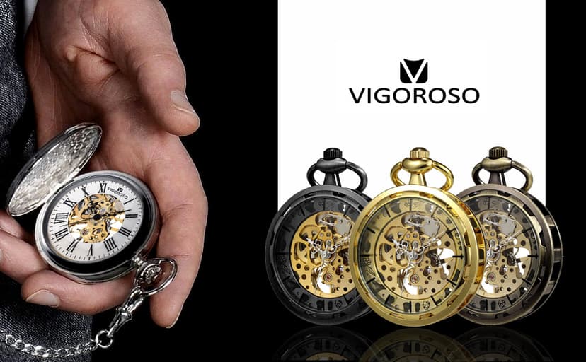 VIGOROSO Mens Classic Steampunk Pocket Watch with Chain Skeleton Hand Wind Mechanical Pocket Watches for Men & Women