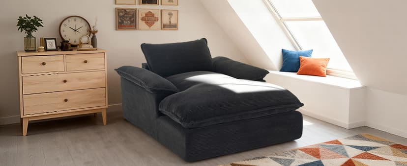 Oversized Chaise Lounge Chair Indoor, 67" Boneless Chaise Lounge with Extra Deep Seat, Comfy Corduroy Upholstered Sleeper Sofa Bed, Cozy Fluffy Single Sofa Armchair for Living Room, Black