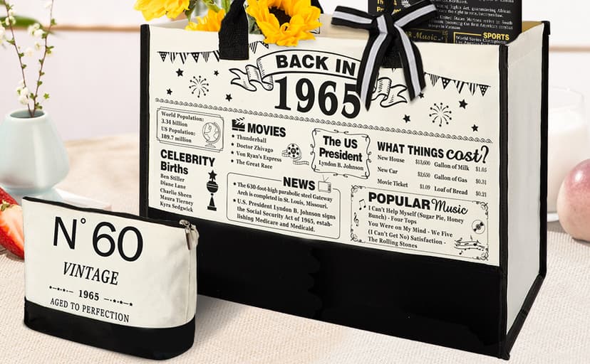 60th Birthday Gifts for Women Canvas Tote Bag Travel Gear, Unique 60 Years Old Gifts for Her Wife Sister Mom Aunt Friends, Vintage N60 Handbag & Cosmetic Bag & Back in 1965 Poster