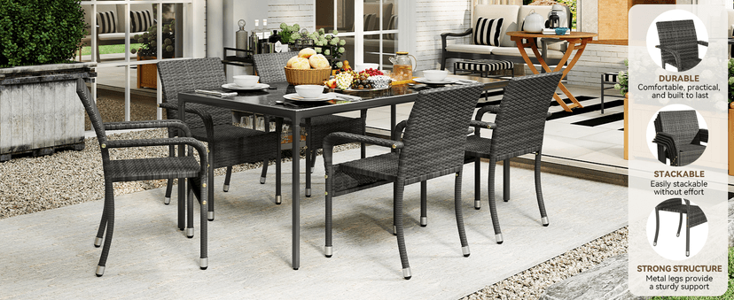 Yaheetech Set of 2 Stackable Outdoor Rattan Dining Chairs, All-Weather Firepits Armchair w/Armrests, Steel Frame for Garden, Patio, Deck, Yard, Poolside, Gray