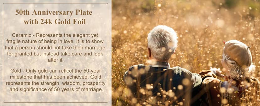 50th Anniversary Wedding Gifts for Couples Parents - 50 Year Marriage Plate with 24k Gold Foil, Golden Keepsake Gift, Ceramic 9 inch
