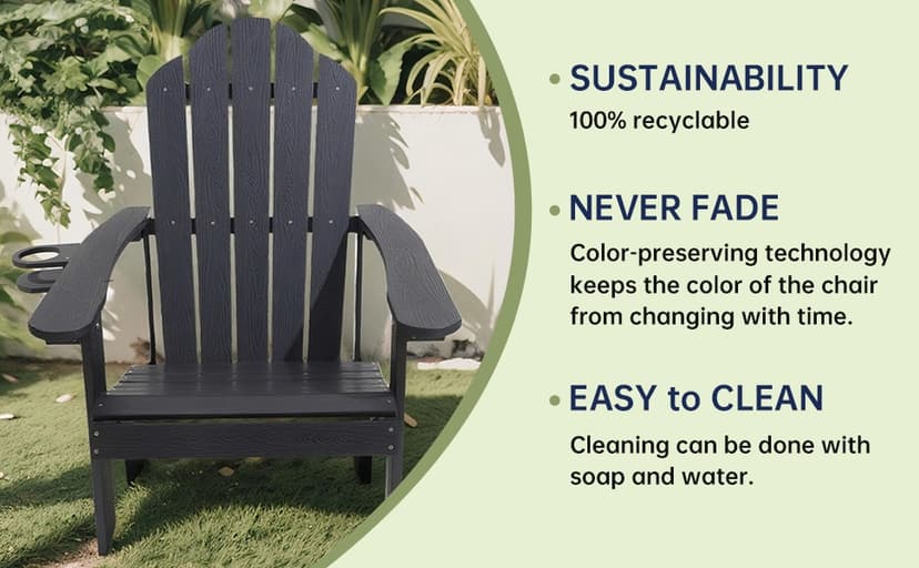 Adirondack Chair,All-Weather Can Used Patio Chair with Cup Holder,Sturdy Outdoor Lawn Chair,Easy Clean Surface and Anti-Tip Safety Features,Black