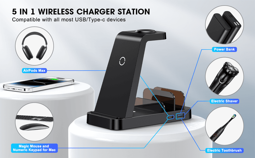 Wireless Charger for iPhone - 5 in 1 Charging Station for Multiple Devices Apple: Fast Wireless Charging Stand Dock for iPhone 17 16e 16 15 14 13 12 Pro Max Apple Watch Airpods
