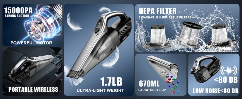 SAKOLD Car Vacuum Handheld Vacuum Cordless with Powerful Suction, Type-C Charge, 2 Suction Modes, 6-in-1 Portable Mini Vacuum for Home, Car, Office Desk, Keyboards