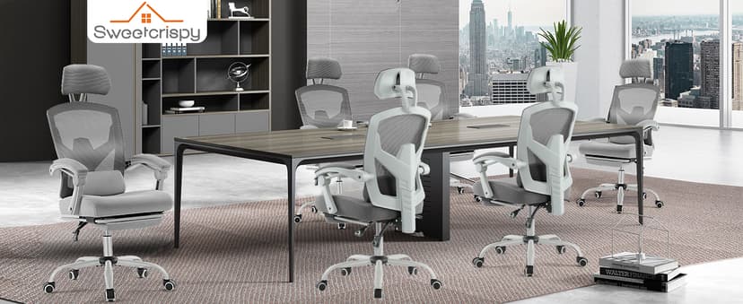 Sweetcrispy Office Computer Desk Chair with Footrest,Ergonomic High-Back Mesh Rolling Work Swivel Chairs with Wheels,Comfortable Lumbar Support,Comfy Arms for Home,Bedroom,Study,Student,Light Grey
