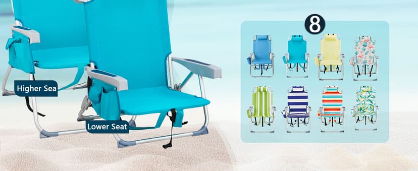 Outvita Backpack Beach Chair, 5 Level Adjustable Positions Beach Chair with Back Storage Bag, Cooler Pouch and Side Bags for Beach Poolside Lawn