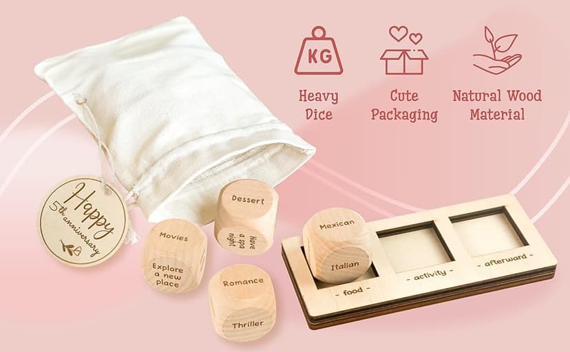 5 Year Anniversary Wood Gift for Him Her - 5th Anniversary Wedding Gifts for Wife Husband, Five Years of Marriage Date Ideas, Wooden Game Date Night Dice for Couples