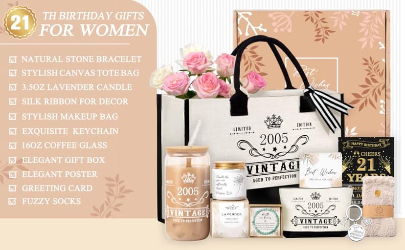 Jumway 21st Birthday Gifts for Women, Happy 21 Year Old Birthday Gifts for Women, Glass Cup & Canvas Tote 2005 Decorations & Ideas for Sister Daughter Girlfriend Her Friends B0GZ3YB5T7