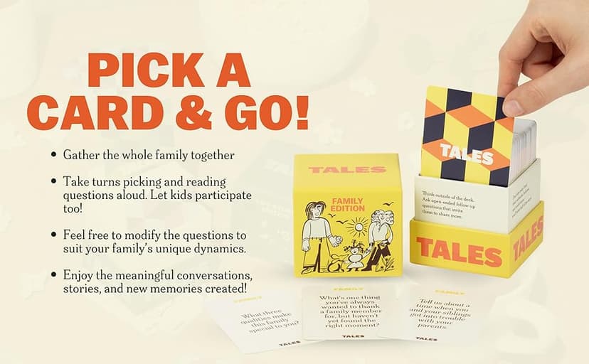 TALES 150 Conversation Cards, Family Edition, Perfect for Family Games for Adults, Teens, and Kids, Family Dinners, Game Nights, Gifts, Holidays, and Gatherings, Prompts for Meaningful Connections