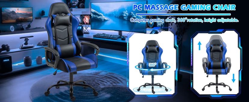 ECOTOUGE Gaming Chair, Ergonomic Video Game Chair with Massage Lumbar Support & Rocking High Back, 360° Swivel Computer Gamer Chair for Gaming or Office, Height Adjustable, Blue