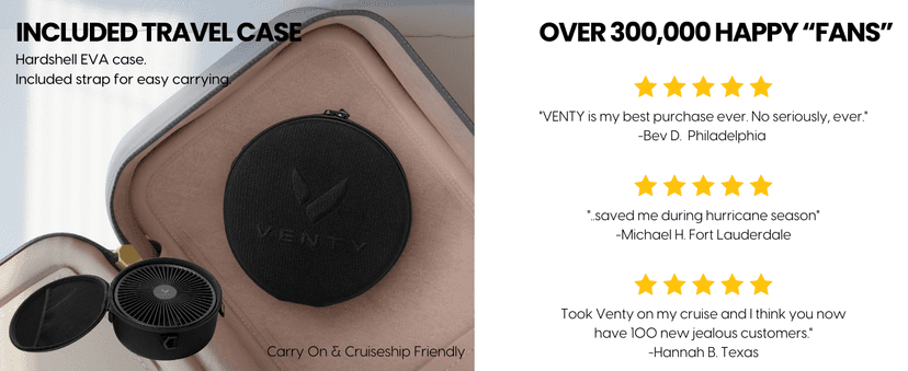 VENTY Portable Fan - Wireless Battery Operated Fan - 4 Speeds - LED Lighting - Carry Case & Remote Control - Cruise Travel - Outdoor Travel RV Power Bank With USB-C Port (Black with Case) B09PMQF5S9