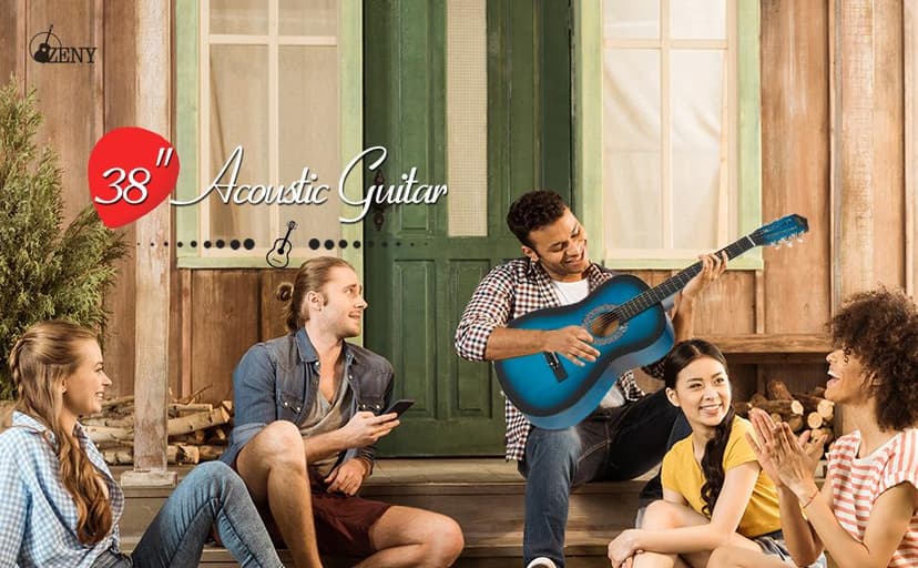 ZENY 38 inch Acoustic Guitar Full Size Beginners Package Kit for Right-handed Starters Kids Music Lovers w/Case, Strap, Pitch Pipe and Pick (Blue)