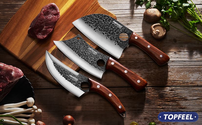 3PCS Butcher Knife Set, Hand Forged Serbian Chef Knives & Meat Cleaver & Viking Knives, Meat Cutting Kitchen Knife Set for Home, Outdoor Cooking, Camping BBQ Gift Idea Men