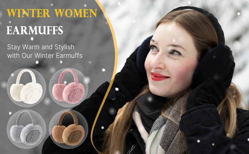 Clothirily Winter EarMuffs for Women, Faux Fur Warm Ear Muffs for Winter, Foldable Ear Covers, Fuzzy Ear Warmers for Women
