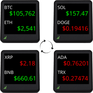 Bitcoin Ticker - Real-Time Crypto Price Display (1.54" Diagonal) for Top 1,000 Coins Like Bitcoin, Ethereum, Dogecoin, and 997 more. Compact Size, Ideal for Desk or Nightstand. Uses Wi-Fi.