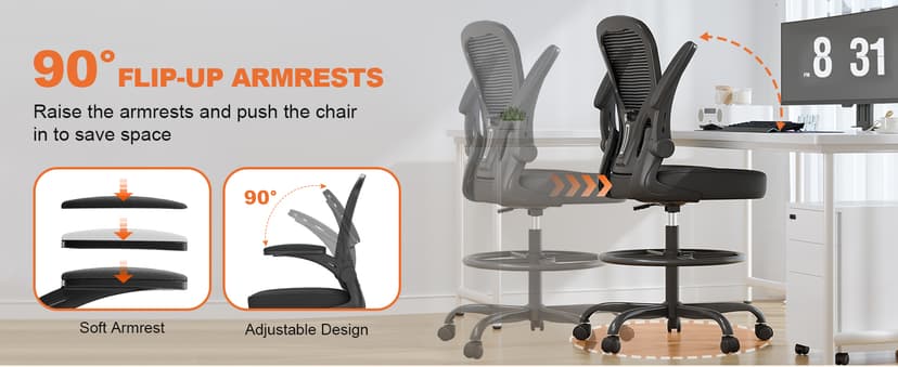 Ergonomic Drafting Chair, Tall Office Chair with Flip-up Armrests, Breathable Mesh High Desk Chair with Lumbar Support Adjustable Footrest Ring for Standing Desk Black