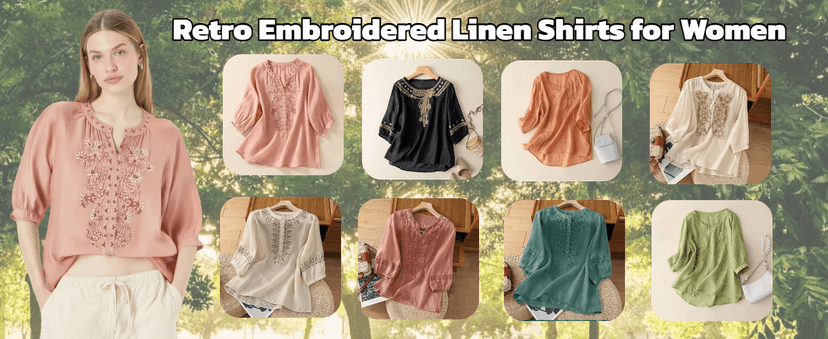 MGWTFZDL Linen Shirts for Women Summer Retro Embroidered 3/4 Sleeve Boho Peasant Tops Dressy Casual Blouses