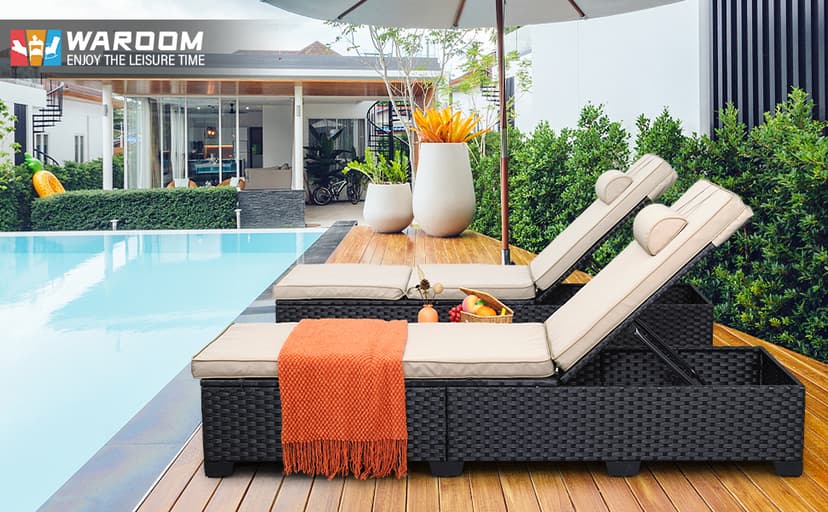WAROOM Outdoor Chaise Lounge Chairs for Outside Patio Furniture Set of 2 Wicker Recliner Black Rattan Sunbathing Lounger Adjustable Backrest Pool Reclining Chair, Khaki Cushion