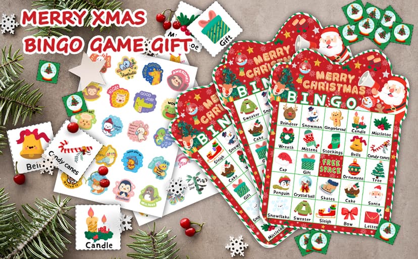 39Pcs Christmas Bingo Game for Kids Adults 24 Players Bingo Cards Christmas Games with Reward Stickers Xmas Activities Family Party Game