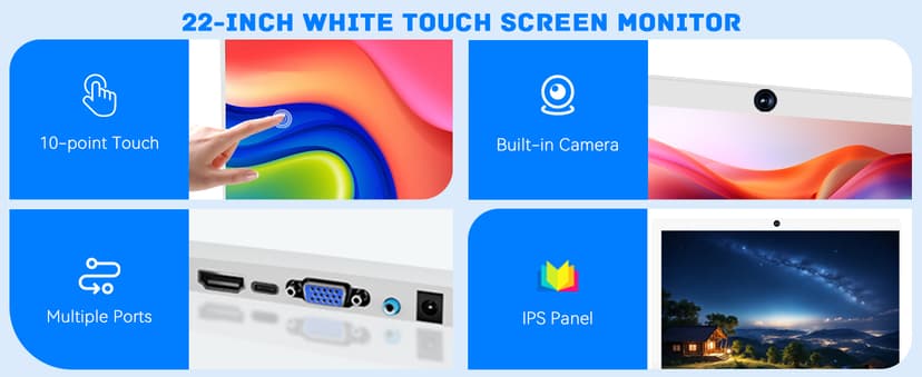 22 inch Touch Screen Monitor with Webcam FHD 1920x1080P Computer Monitor FreeSync HDR HDMI Ports Eye Care Frameless VESA Mount