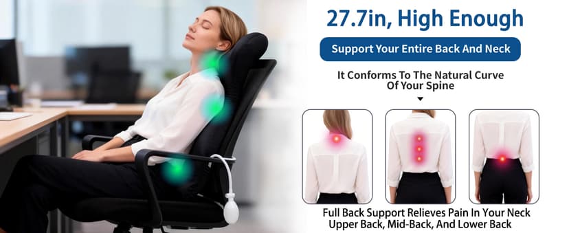 27.7'' Adjustable High Lumbar Support Pillow for Office Chair, Full Back Support Pillow for Upper Lower Back Pain Relief, Memory Foam Lumbar Cushion for Desk, Gaming Chair, Couch, Improves Posture