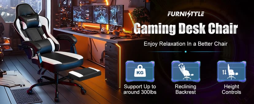 Gaming Chair with Footrest, Reclining Video Game Chairs for Adults with Lumbar Support, Linkage Armrests, Ergonomic Computer Chair for Gaming or Office, PU Black-White