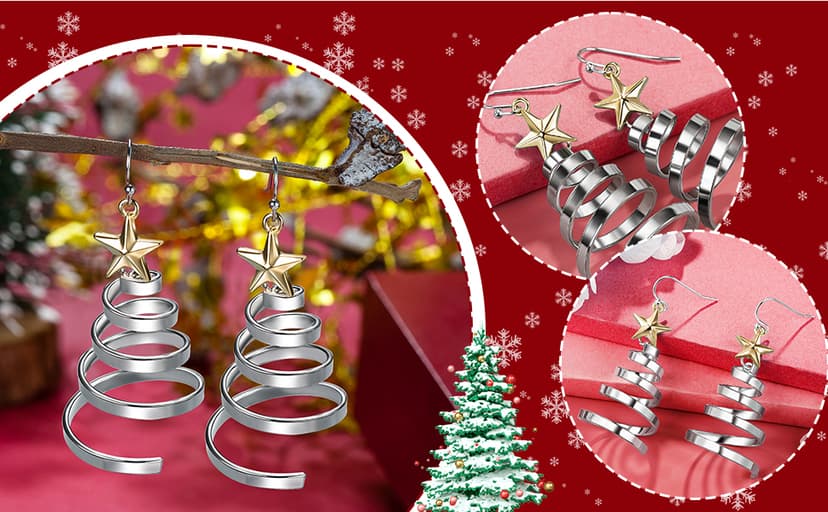 Handmade Christmas Tree Dangle Hoop Earrings Golden Silver Two Tone Women Holiday Gift, Thanksgiving Themed Earrings, Christmas Party Gift