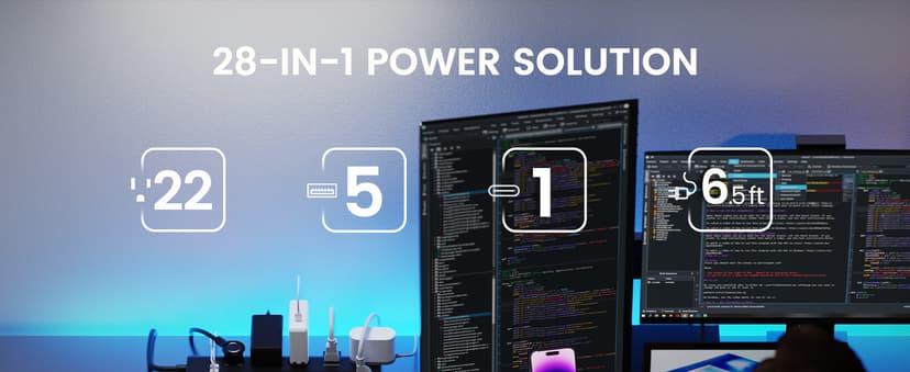 Power Strip, SUPERDANNY Surge Protector with 22 AC Outlets and 6 USB Charging Ports, 1875W/15A, 2100 Joules, 6.5Ft Flat Plug Heavy Duty Extension Cord for Home, Office, Dorm, Gaming Room, Black