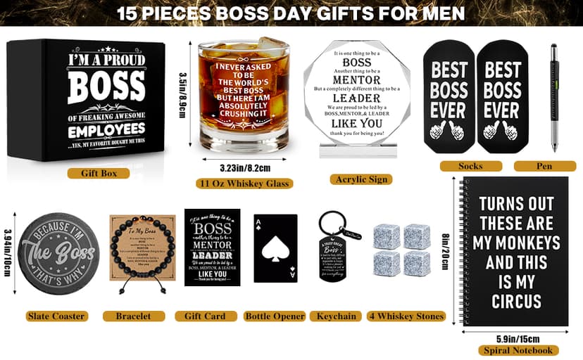 15 Pcs Boss Day Gifts for Men Whiskey Glass Set, Best Boss Ever Gifts with 11 Oz Whisky Glass Coaster Stones Socks Crystal Plaque Spiral Notebook Keychain, Bosses Inspirational Gift from Employees