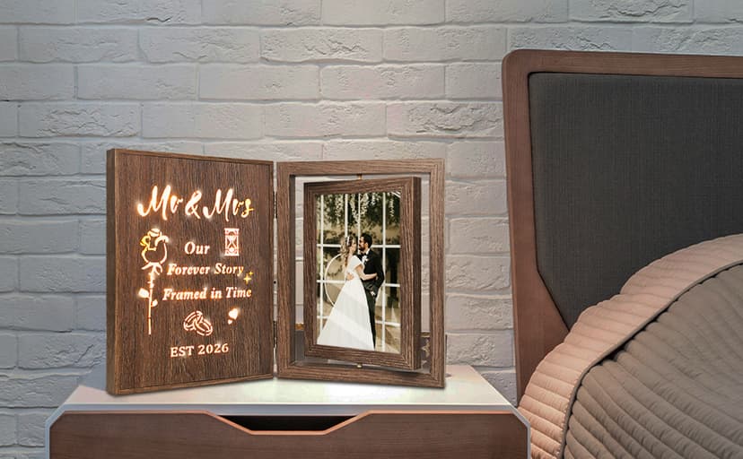 Bridal Shower Gifts for Bride Groom, Wood Wedding Photo Frames 4x6 for 2 Pictures EYITUPC Rotating Light Up Mr Mrs 2026 Wood Frame Bridal Shower Wedding Gift B0G1Y2DY35