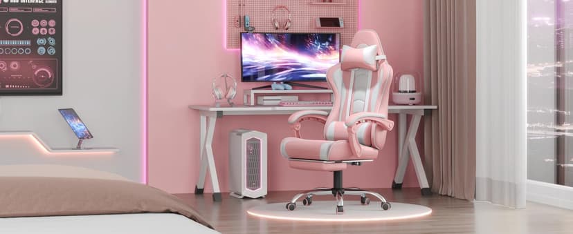 Yaheetech Gaming Chair, Video Game Chair with Massage Lumbar Support and Footrest Height Adjustable Ergonomic Computer Chair with Swivel Seat and Headrest, Pink/White