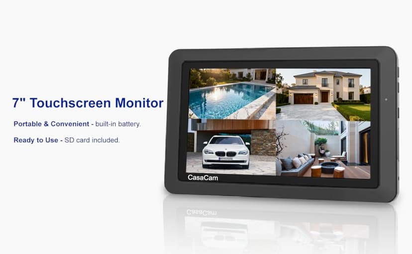 CasaCam Wireless Security Camera System | 7" Touchscreen Monitor and 2 720p Cameras | AC Powered, No Monthly Fees, Two-Way Audio, Free APP, Micro SD Card and Battery Installed, GuardianCam Air VS802