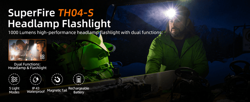 SuperFire SuperFire Rechargeable Headlamp 1000 Lumens - Waterproof Hands-Free Light with 5 Modes & Magnetic Base | Gift for Men, Dads, Outdoorsmen | Camping, Hunting, Work, Emergency (TH04-S)