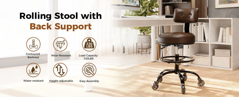 Office Drafting Chair with Footrest, Tall Height Adjustable Stool with Back Support, Heavy Duty Rolling Stool Chair with Wheels for Office Home Kitchen Bar Shop Guitar Studio Vanity, Brown