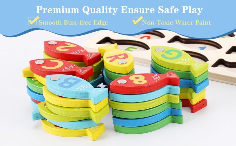 Magnetic Wooden Fishing Game Toy for Preschoolers, Alphabet Fish Catching Counting Games Puzzle with Numbers and Letters, Preschool Learning ABC and Math Educational Toys for 3 4 5 Years Old Kids B08JLSR6RN