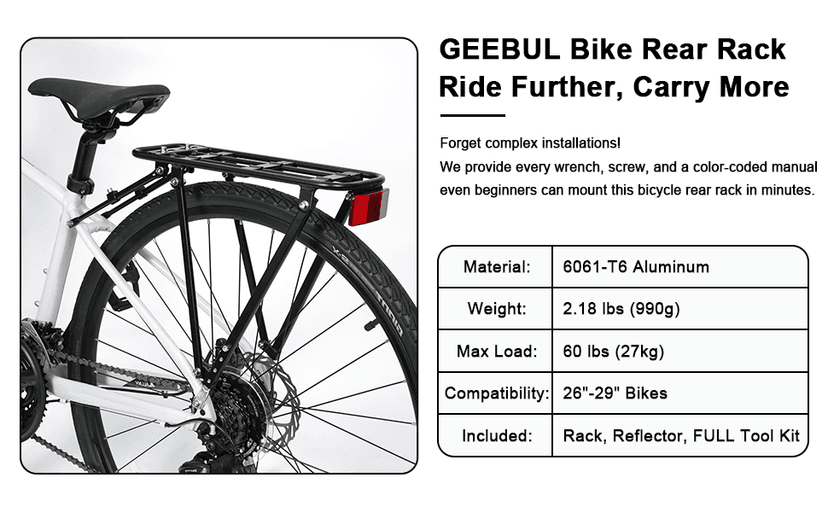 Bike Rear Rack Aluminum: Fits Most 26-29" No Disc Brake & Some Disc Brake Bikes (See The Image Gallery to Check Compatibility), 60lbs Capacity Bike Cargo Rack, Assembly