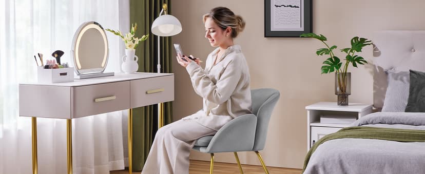 Yaheetech Flower Shape Velvet Vanity Chair, Modern Side Chair Armchair with Golden Metal Legs for Living Room/Dressing Room/Bedroom/Home Office/Kitchen, Gray