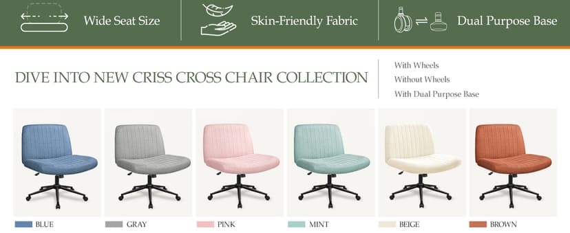 Orange Factory Criss Cross Chair Wheels Wide Cross Legged Office Desk Vanity Dual Base Comfy Fabric Armless Adjustable Swivel for Home Computer Task (Beige Dual Base, Fabric)
