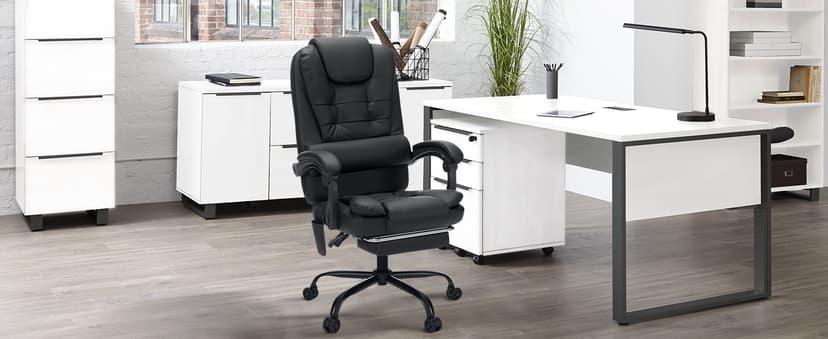 HOFFREE Massage Office Chair with Foot Rest 7 Points Vibration Ergonomic Executive Desk Chair Leather Computer Office Chair Black