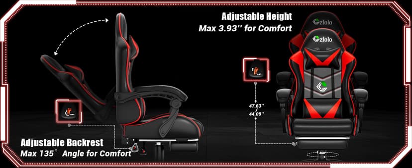 Czlolo Gaming Chair with Footrest Racing Style Lumbar Support Massager Video Game Chair with Metal Legs, High Back Reclining Gamer Chair with Headrest, 360° Swivel Office Computer Desk Chair (Red)