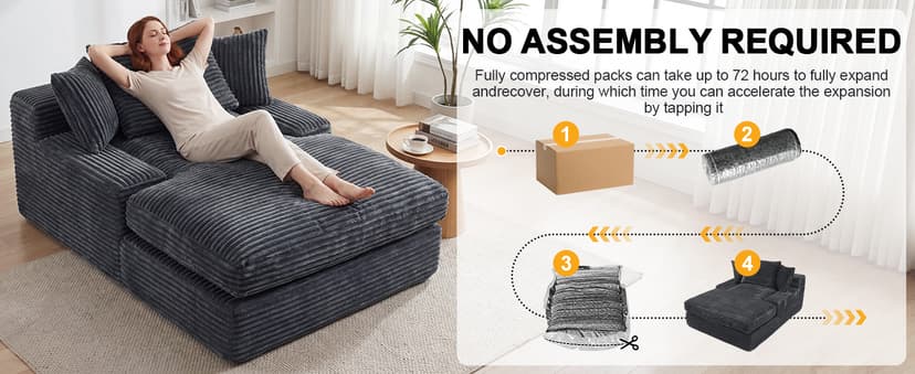 WEUP 69" Indoor Chaise Lounge, Oversized Corduroy Upholstered Armless Sofa Bed, Deep Seat Sleeper Reading Chair, Cloud Sofa for Living Room Bedroom Apartment, No Assembly Required (Gray)