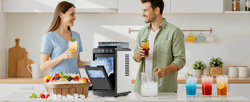 Kismile Countertop Ice Maker, Portable Ice Maker Machine 26lbs/24H, Dual Water Tank Design, Small & Large Bullet Ice, Self-Cleaning, Internal Lighting for Home Kitchen, Office & RV