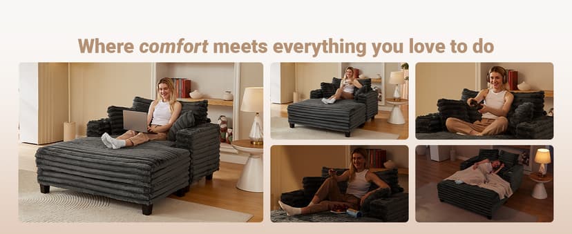 Amsleekey 64" Chaise Lounge Chair Indoor, Oversized Sleeper Chair with Wood Frame, Upholstered Sofa Bed for Living Room, Movie Room, Bedroom with 4 Storage Pockets&2 Cup Holders(Plush Corduroy, Grey)