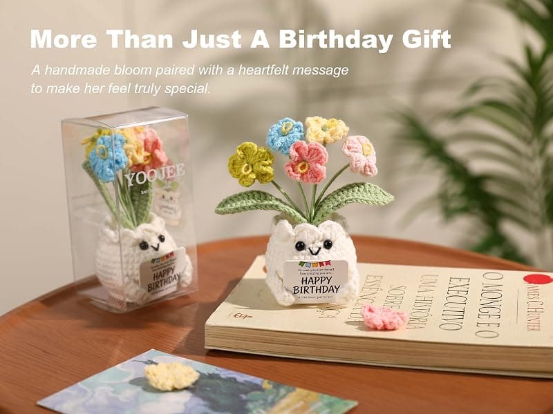 Happy Birthday Message Card, Cute Colorful Handmade Keepsake, Gift for Her, Mom, Best Friend, Sister, Coworker, 4.7 × 2.4 In Crochet Forget Me Not Flower Pot Birthday Gifts for Women B0GXV6J1ZG