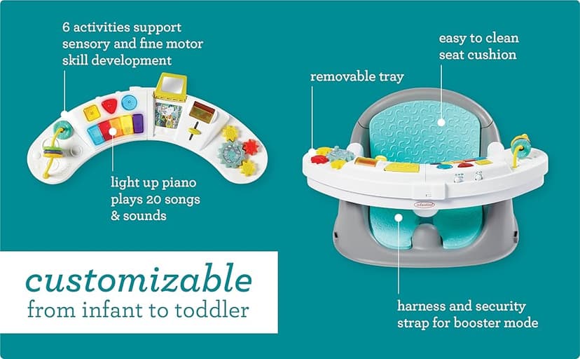 Infantino Music & Lights 3-in-1 Discovery Seat & Booster, Toddler Booster Seat for Dining Table or Kitchen Chair, Baby Activity Center & Snack Tray, Teal