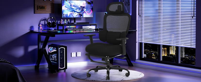 Ergonomic Office Chair with Footrest, Mesh Desk Chair with Adjustable Headrest & Armrests & Dynamic Floating Wing Lumbar Support, High Back Computer Chair for Home Office, BIFMA Certified, Black