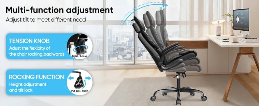 Sytas Ergonomic Office Chair with Adjustable Headrest, Executive Leather Desk Chair with Upgraded Lumbar Support for Lower Back Pain Relief, Thickened Backrest Computer Chair for Home Office, Black